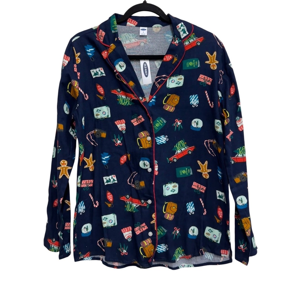 Old Navy Christmas Pajama Top Women's Small NWT Holiday Sleep Button Front Blue